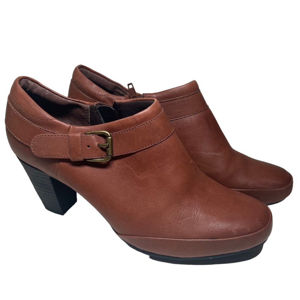 CLARKS SHOES BOOTIES Heel Cognac Leather Brown SIZE 9